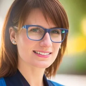 Woman with shoulder-length brown hair. She is wearing blue eyeglasses.
