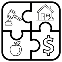 Connected puzzle pieces to represent systems for law, housing, food security, and financial security working together in policy design