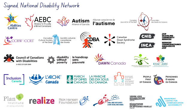 White background with the colour logos of 28 disability organizations and the words: "Signed, National Disability Network"