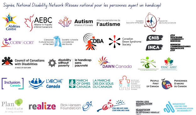 Fond blanc avec les logos en couleur de 28 organisations de personnes handicapées et les mots : "Signé, Réseau national des personnes ayant un handicap"