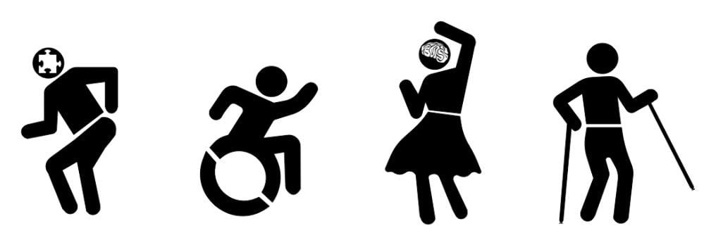 4 Icons of of people dancing. L-R: First one has a puzzle piece in the head; second is a wheelchair icon; third is a person with brain image in the head; last one is holding a pole in each hand.